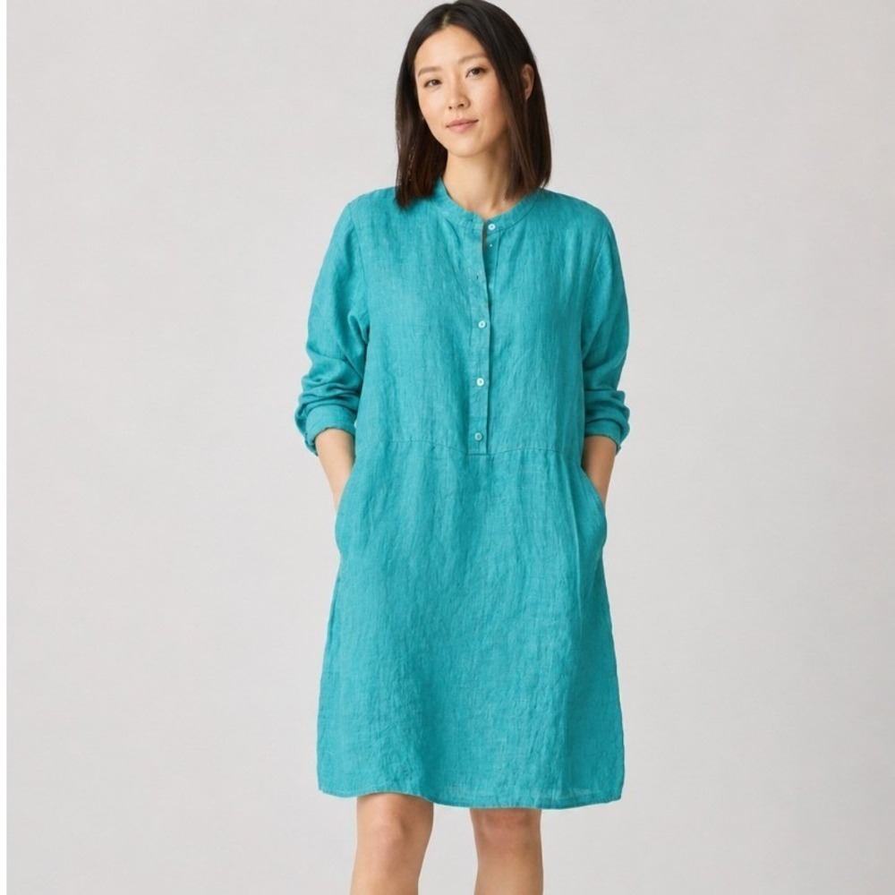Eileen Fisher Délavé Tunic Shirt Dress Organic Linen Medium Teal Blue Lagenlook